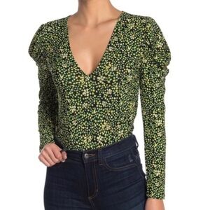 FREE PRESS bodysuit size XL black floral V-Neck, ballon long sleeves